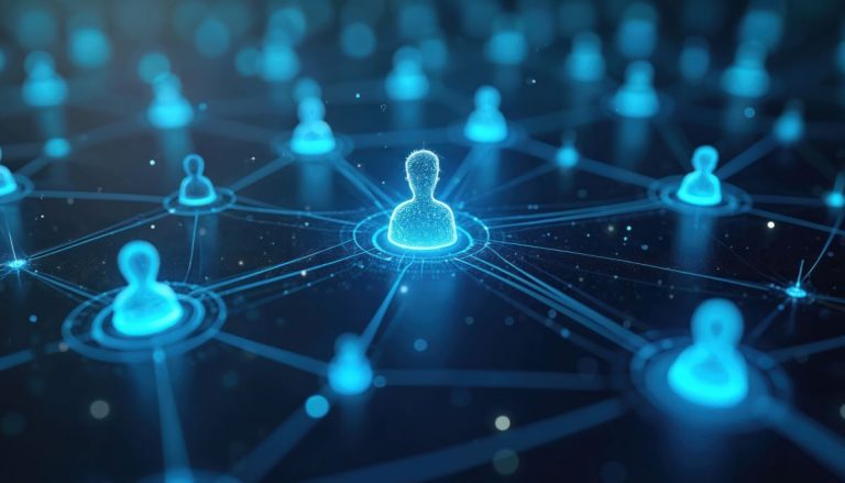 Customer Relationship Management systems represented by glowing network of people icons. System manages customer data using AI, automation. Connect clients enhance relationships using digital