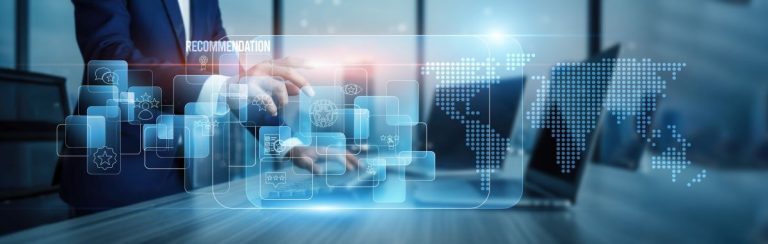 Recommendation. Hand touching AI-driven recommendation engines, personalization connection on virtual screen, machine learning analytics suggestions automation user insights engagement optimization.