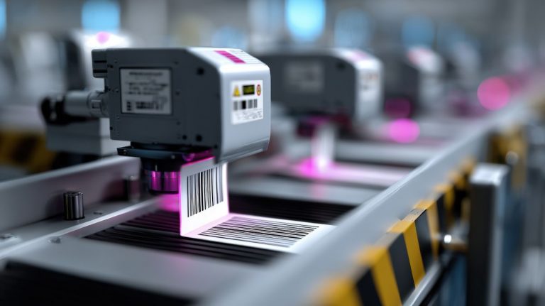 A robotic vision system efficiently scans barcodes and product information in real-time on a fast-moving assembly line. The image features cool lighting and sharp focus.