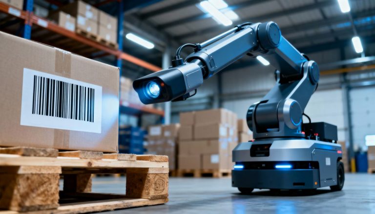 Automated mobile robot scanning a barcode on a box in a large, modern warehouse using a robotic arm, demonstrating logistics automation.