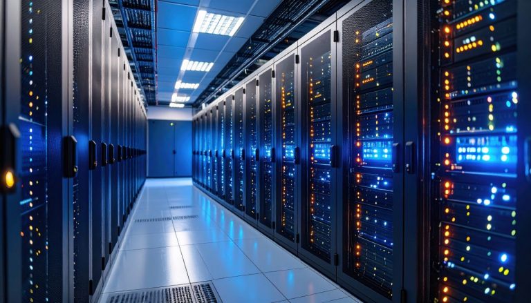 Server Room in Data Center: A high-tech server room illuminated with blue lights, showcasing rows of powerful servers, servers racks, and advanced IT equipment that drive our digital world.