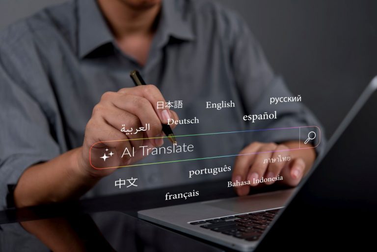 person in a modern workspace using a pen on a laptop, working with AI translation tools to translate text into languages like French, Spanish, and Japanese, promoting seamless global interaction.