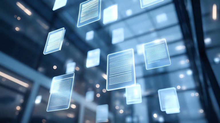 Digital documents floating in a modern office representing data management and workflow automation for business technology and cloud computing con