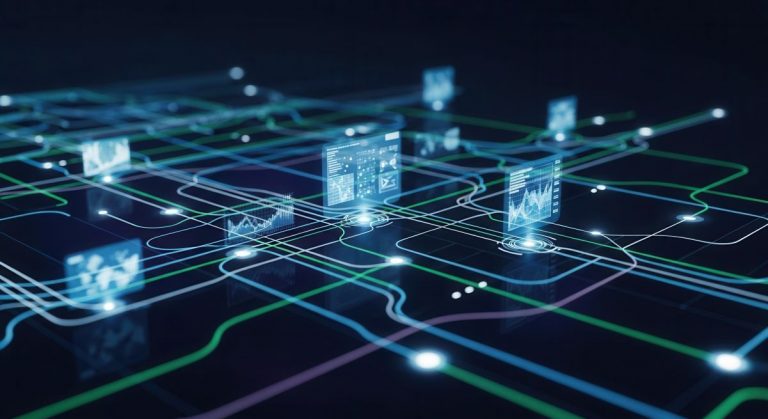 Glowing data streams with translucent floating dashboards on a dark networked surface